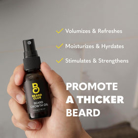 Model applying The Beard Club spray to beard roots indicating targeted nourishment benefit
