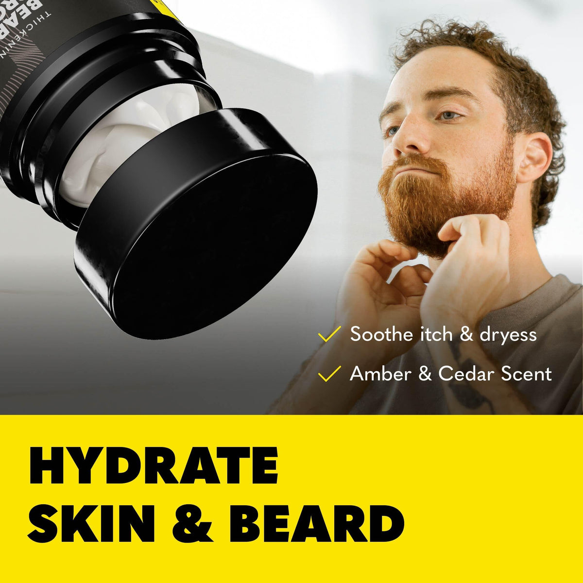 Man styling his beard with The Beard Club balm in a grooming routine for manageable, touchable hair
