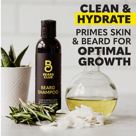 The Beard Club beard shampoo bottle displayed for gentle cleaning and conditioning