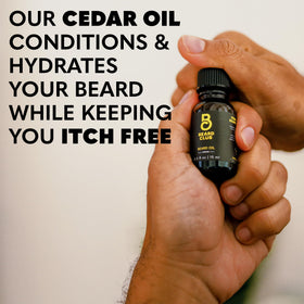 The Beard Club cedar beard oil bottle highlighting hydration and pleasant scent