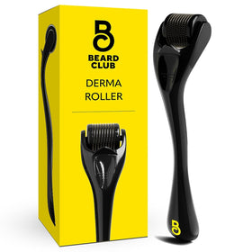 The Beard Club front view showing compact black derma roller and benefits