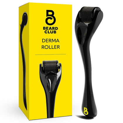 The Beard Club front view showing compact black derma roller and benefits
