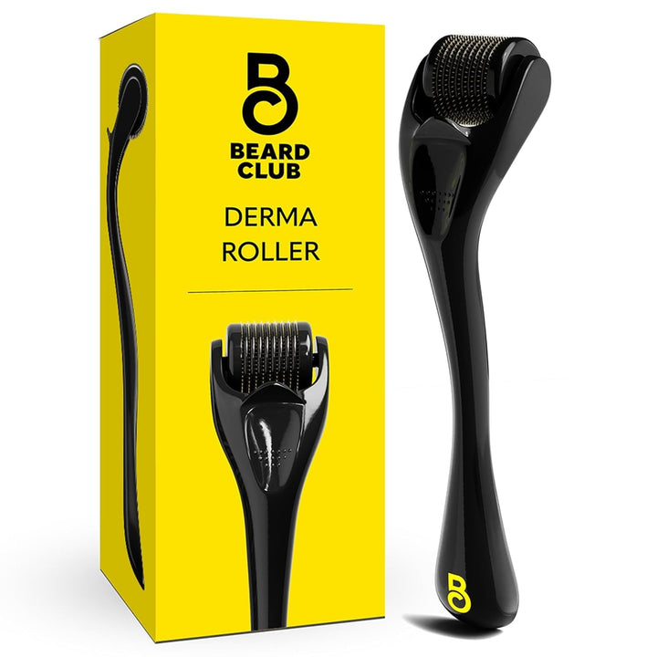 The Beard Club front view showing compact black derma roller and benefits