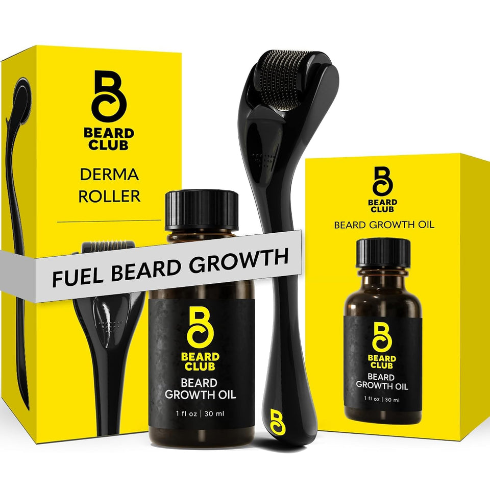 The Beard Club derma roller front view showing compact kit and control