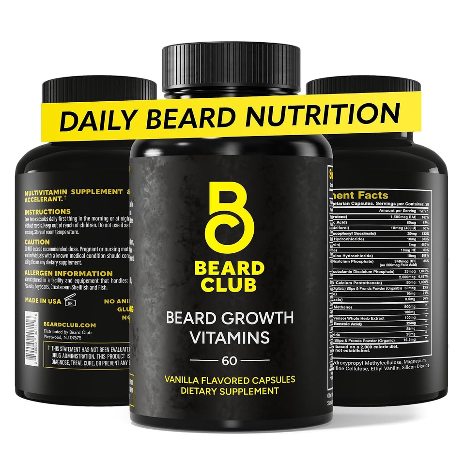 The Beard Club front bottle view showing product and clear benefit for beard support