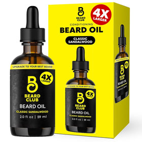The Beard Club front bottle showing classic sandalwood label and benefit