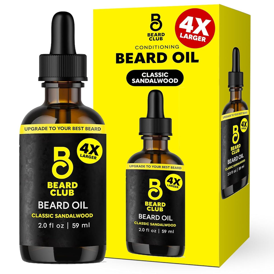 The Beard Club front bottle showing classic sandalwood label and benefit