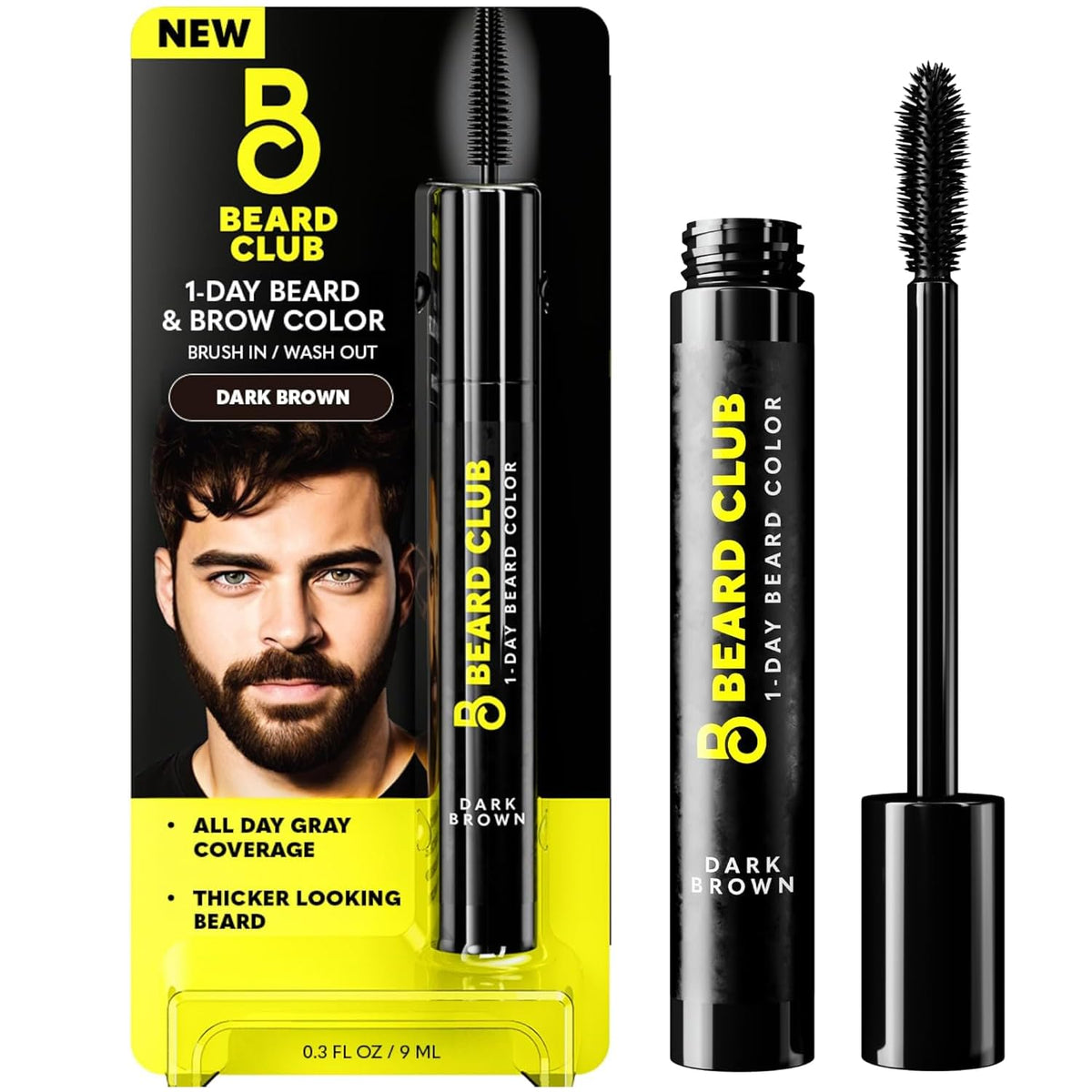 The Beard Club front packaging showing dark brown tint and compact bottle benefit