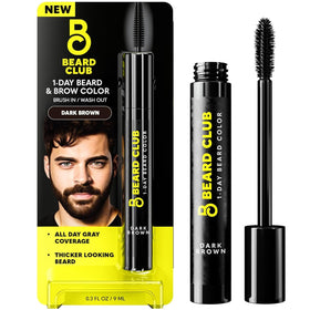 The Beard Club front packaging showing dark brown tint and compact bottle benefit