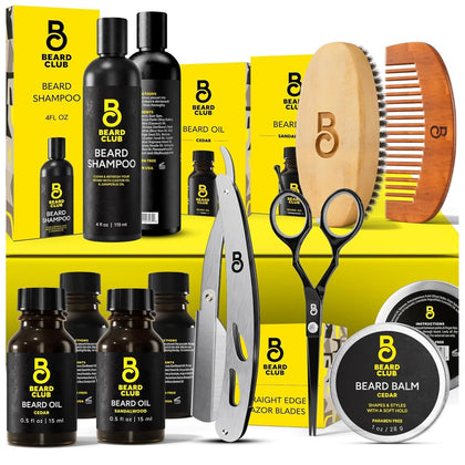 The Beard Club front packaging showing complete grooming kit and value