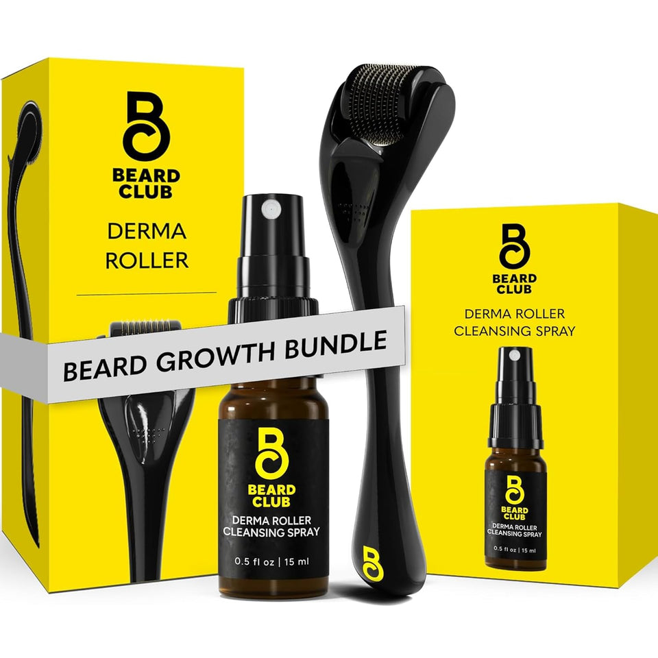 The Beard Club front packaging showing the derma roller kit and benefits