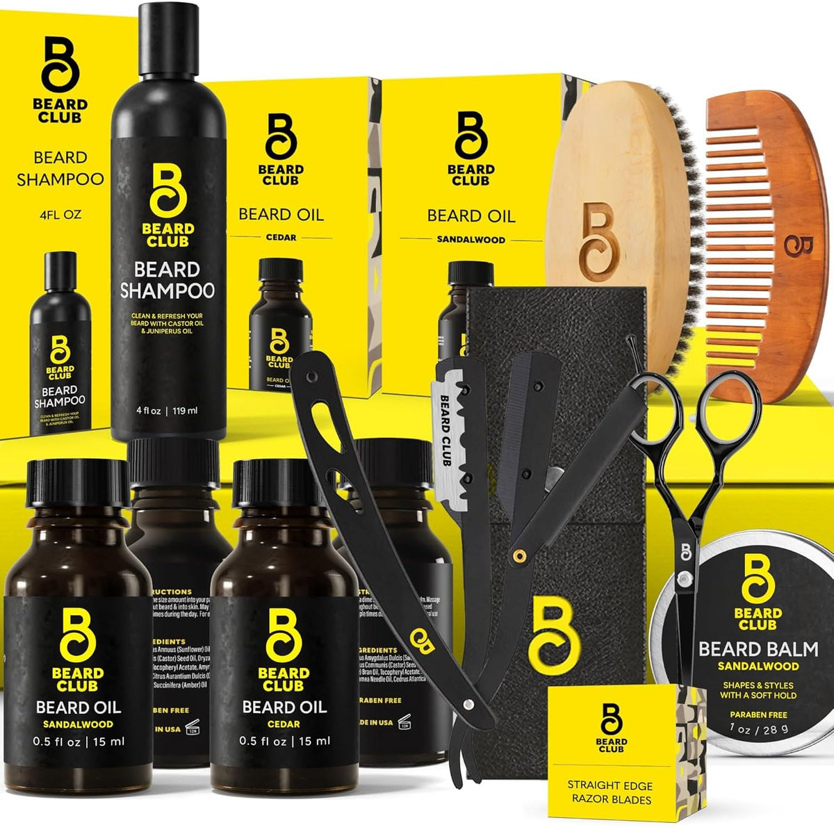 The Beard Club front packaging showing all kit components and gift-ready presentation