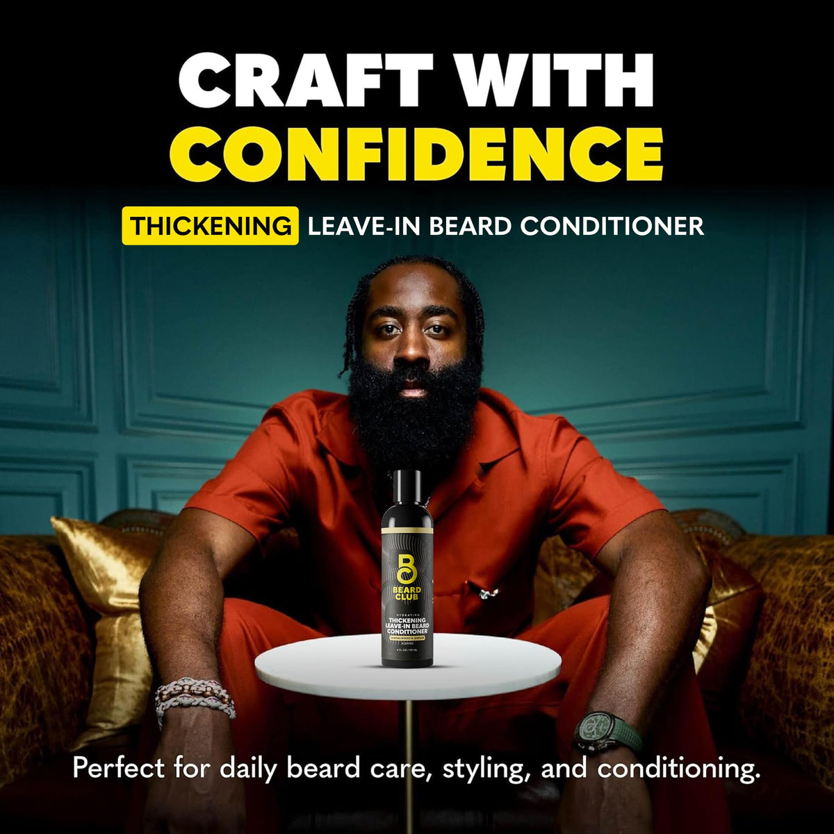 Model applying The Beard Club conditioner to beard demonstrating softness benefit