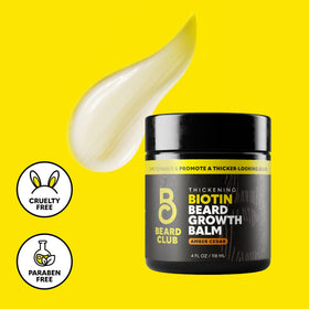 Close-up of The Beard Club ingredients label emphasizing biotin, shea, castor and coconut oils