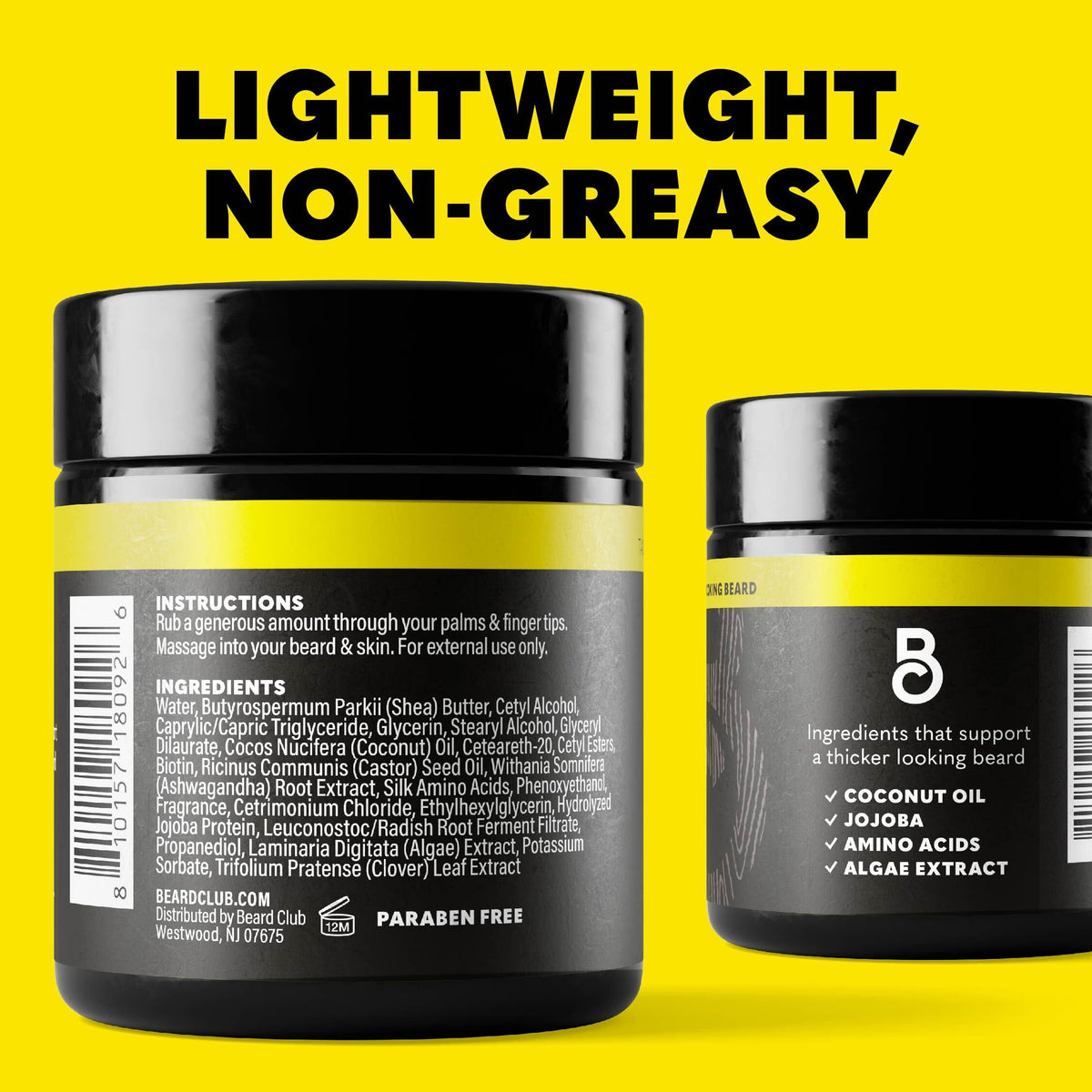 The Beard Club jar on bathroom shelf among grooming items illustrating daily use convenience
