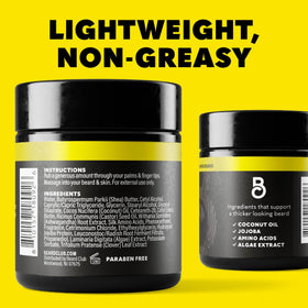 The Beard Club jar on bathroom shelf among grooming items illustrating daily use convenience