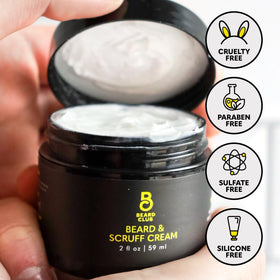Open jar top view of The Beard Club cream showing creamy consistency benefit: intense hydration