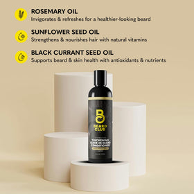 Close-up of The Beard Club label reading sulfate- and paraben-free benefit
