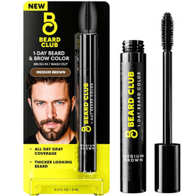 The Beard Club front packaging showing medium brown bottle, clear benefit quick coverage