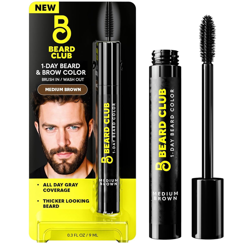 The Beard Club front packaging showing medium brown bottle, clear benefit quick coverage