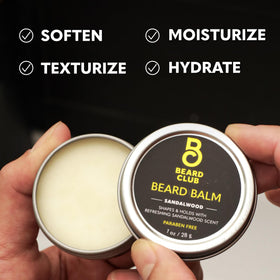 The Beard Club kit placed on a hand for scale showing compact, travel-friendly convenience