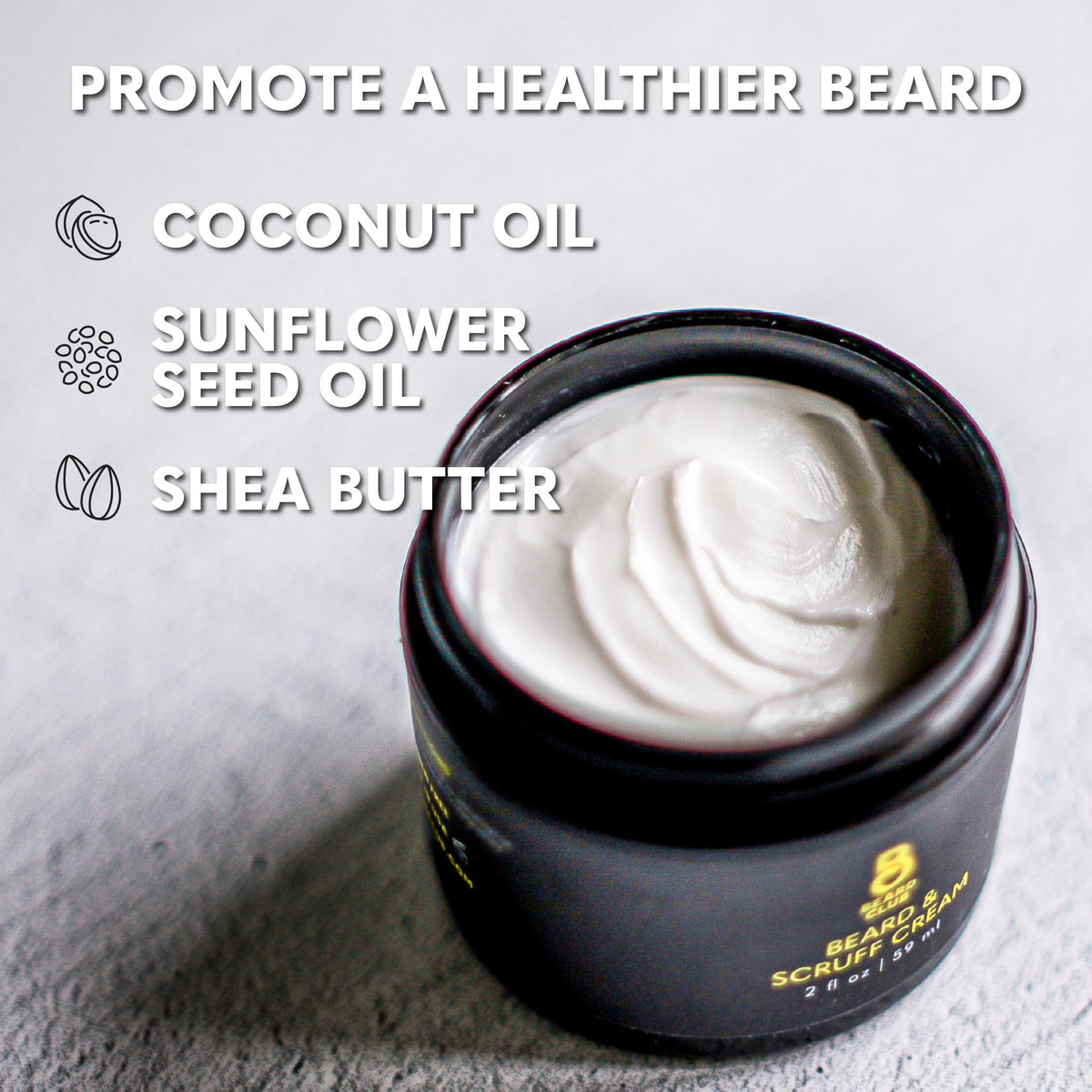 The Beard Club cream texture close-up highlighting smooth, non-greasy finish benefit: quick absorption