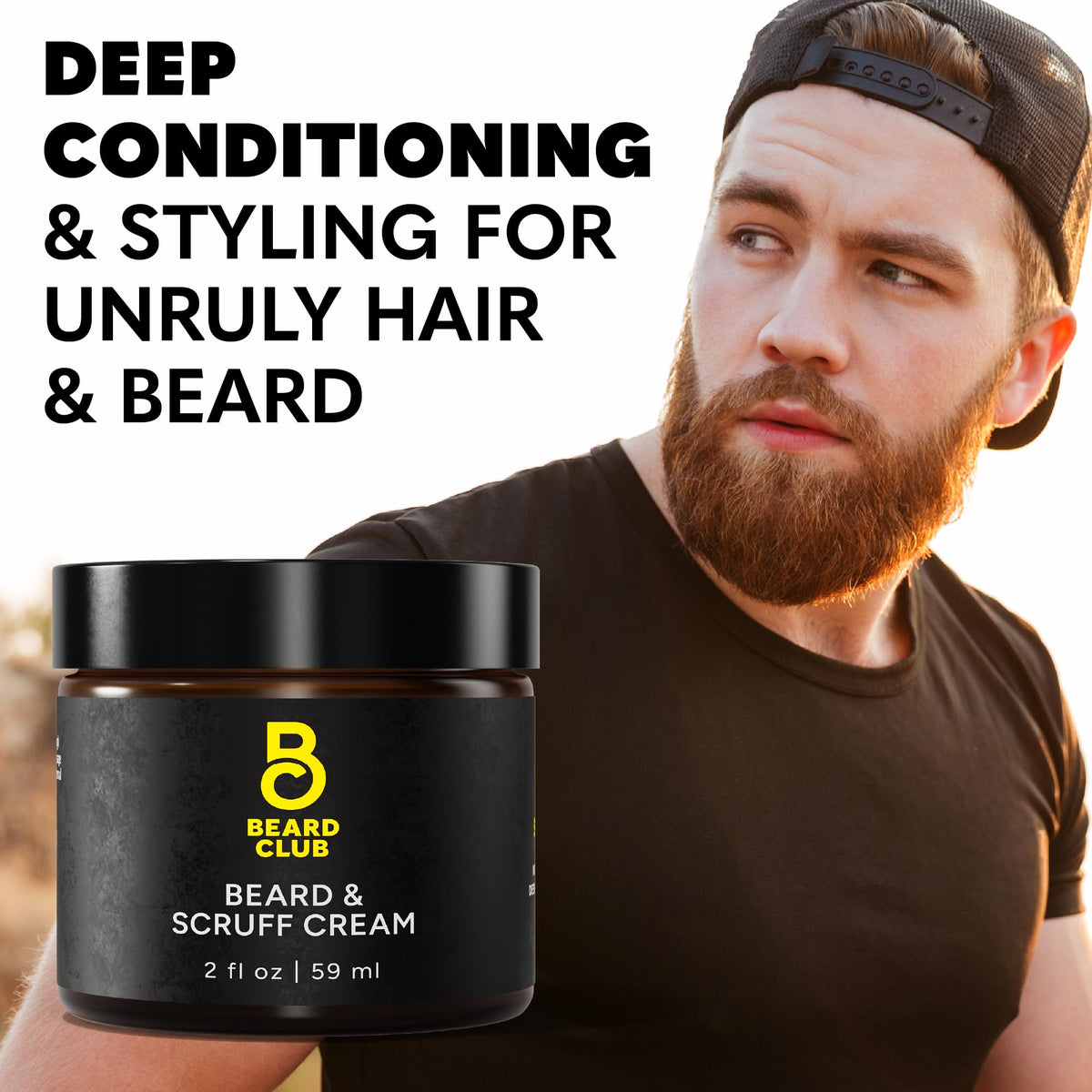 The Beard Club jar beside travel items showing portability benefit: easy to take on trips