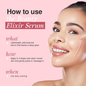 The Beauty Elixir close-up label showing clean-ingredients and dermatologist-tested benefit