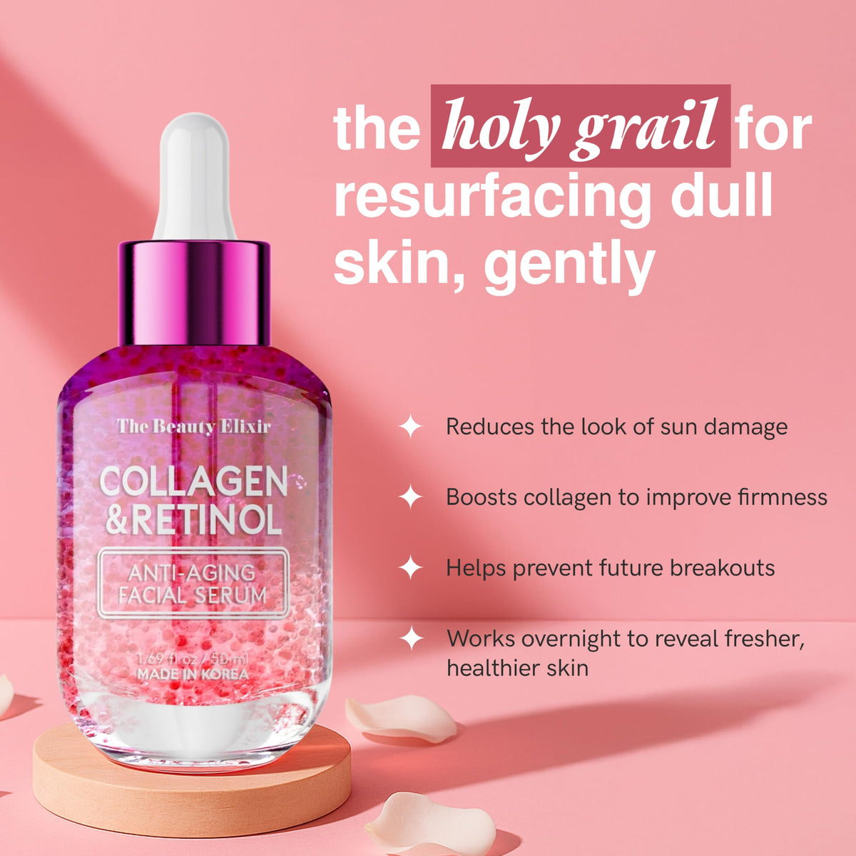 The Beauty Elixir dropper releasing serum, highlighting smooth hydrating texture