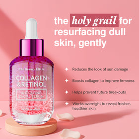 The Beauty Elixir dropper releasing serum, highlighting smooth hydrating texture