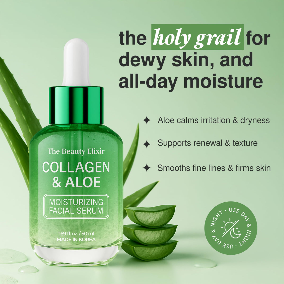 The Beauty Elixir serum texture close-up highlighting gel-like hydration benefit: lightweight feel