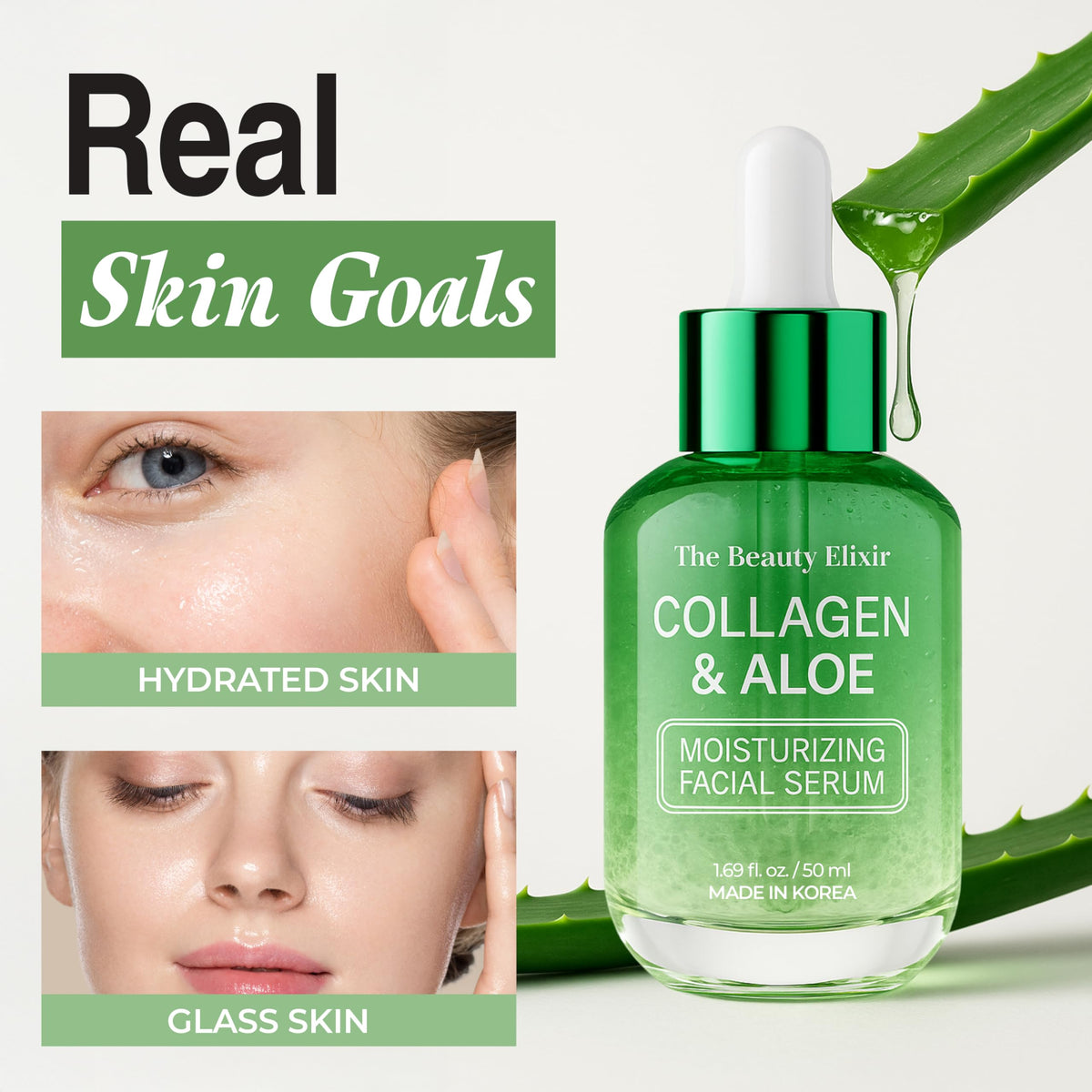 The Beauty Elixir size comparison with coin showing 1.69 oz scale benefit: travel-friendly