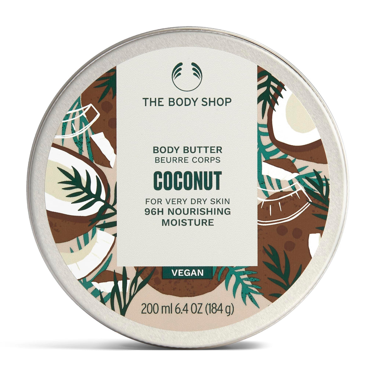 The Body Shop coconut body butter front packaging showing jar and label benefits