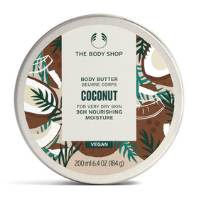 The Body Shop coconut body butter front packaging showing jar and label benefits