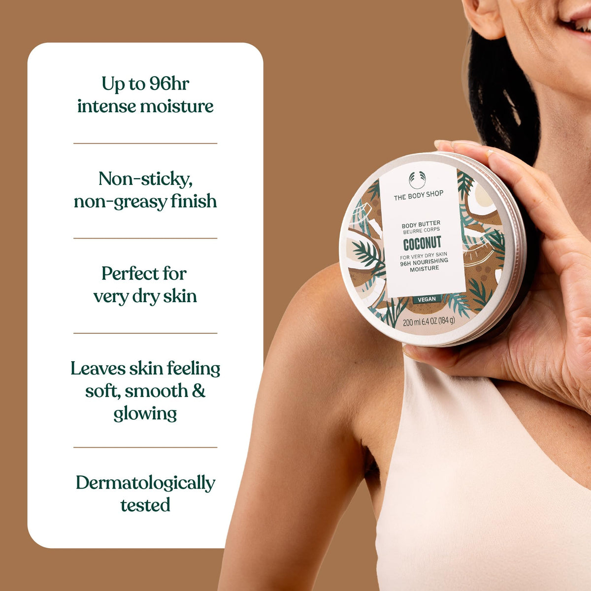 The Body Shop coconut body butter ingredients with coconut highlighting fair trade sourcing