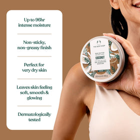The Body Shop coconut body butter ingredients with coconut highlighting fair trade sourcing
