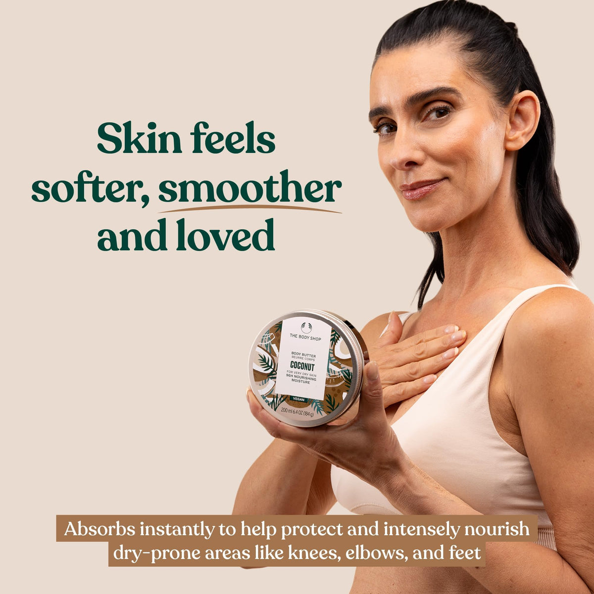 The Body Shop coconut body butter recycled tub with aluminium lid highlighting recyclable packaging