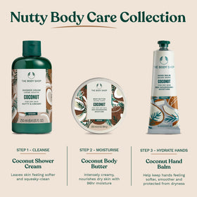 The Body Shop coconut body butter next to a bottle showing 200 ml size comparison
