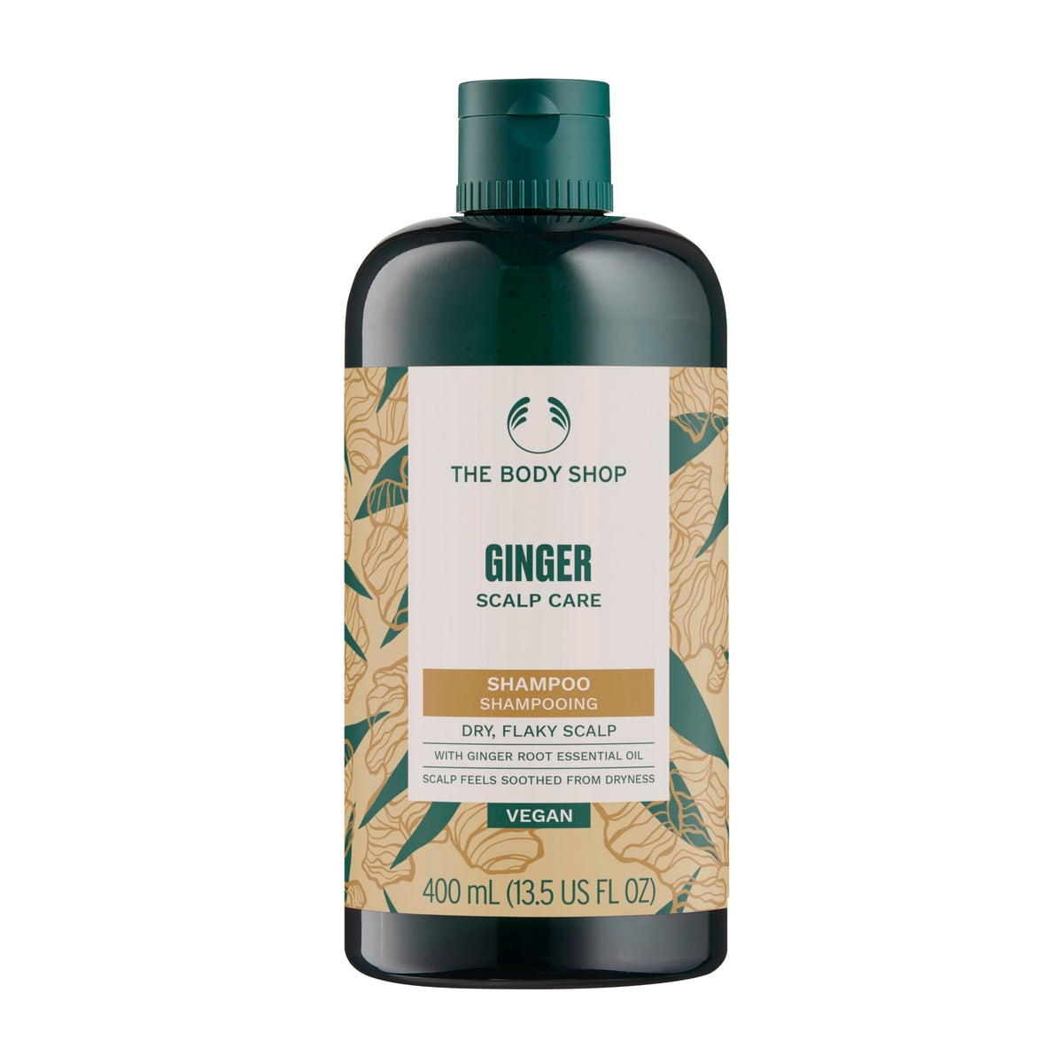 The Body Shop ginger shampoo front bottle showing packaging and brand benefits