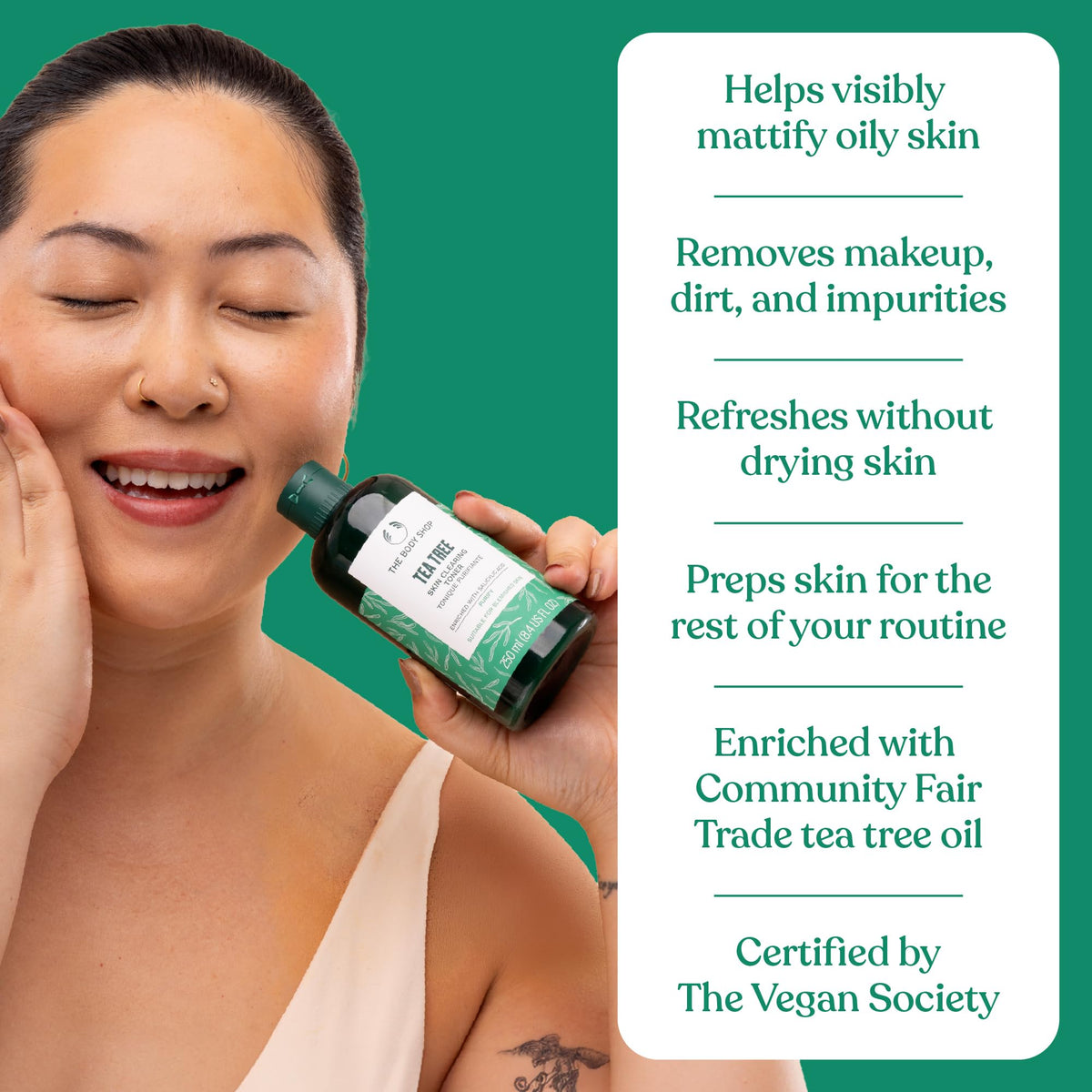 The Body Shop toner placed on bathroom shelf during skincare routine, promotes daily use