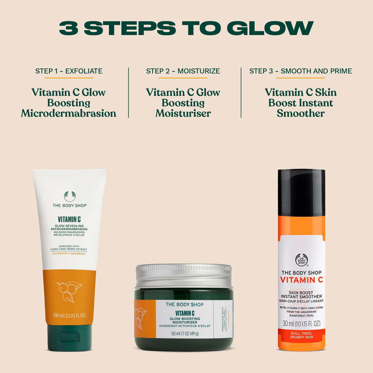 The Body Shop serum on bathroom shelf with towel, suggests easy daily routine integration