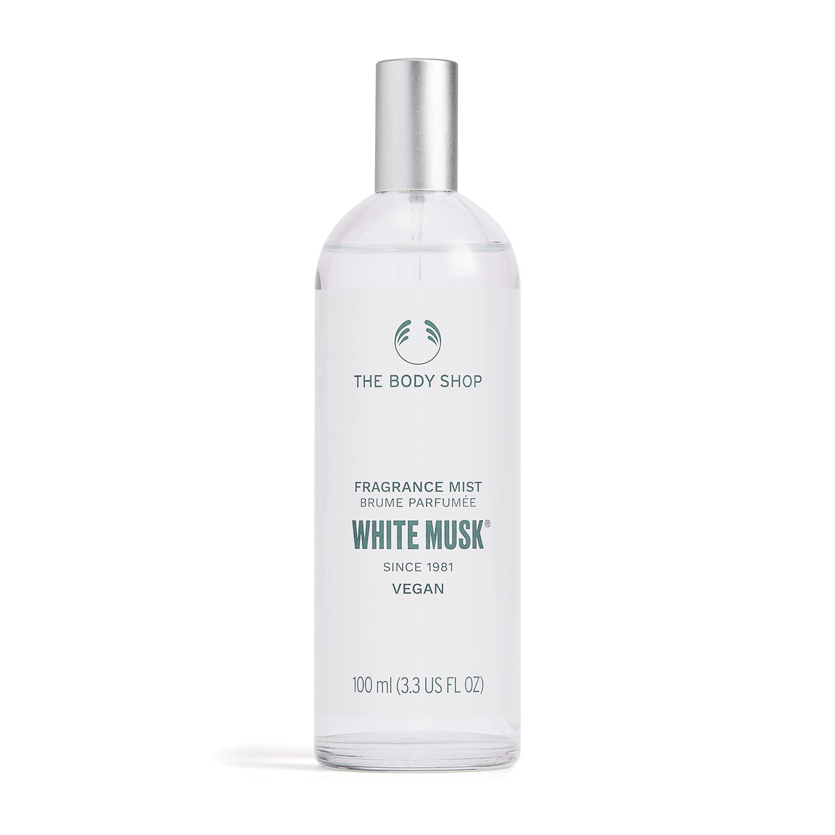 The Body Shop bottle front view showcasing White Musk and elegant design benefits freshness