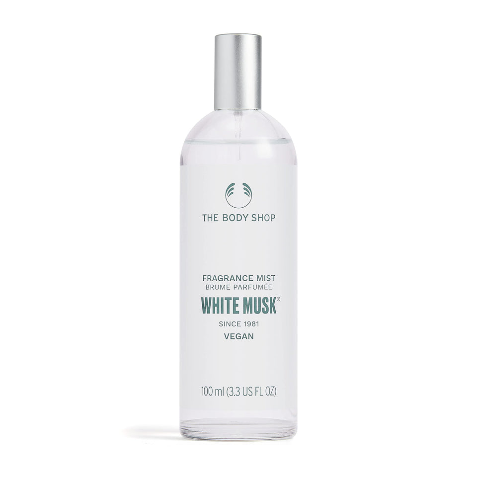 The Body Shop bottle front view showcasing White Musk and elegant design benefits freshness
