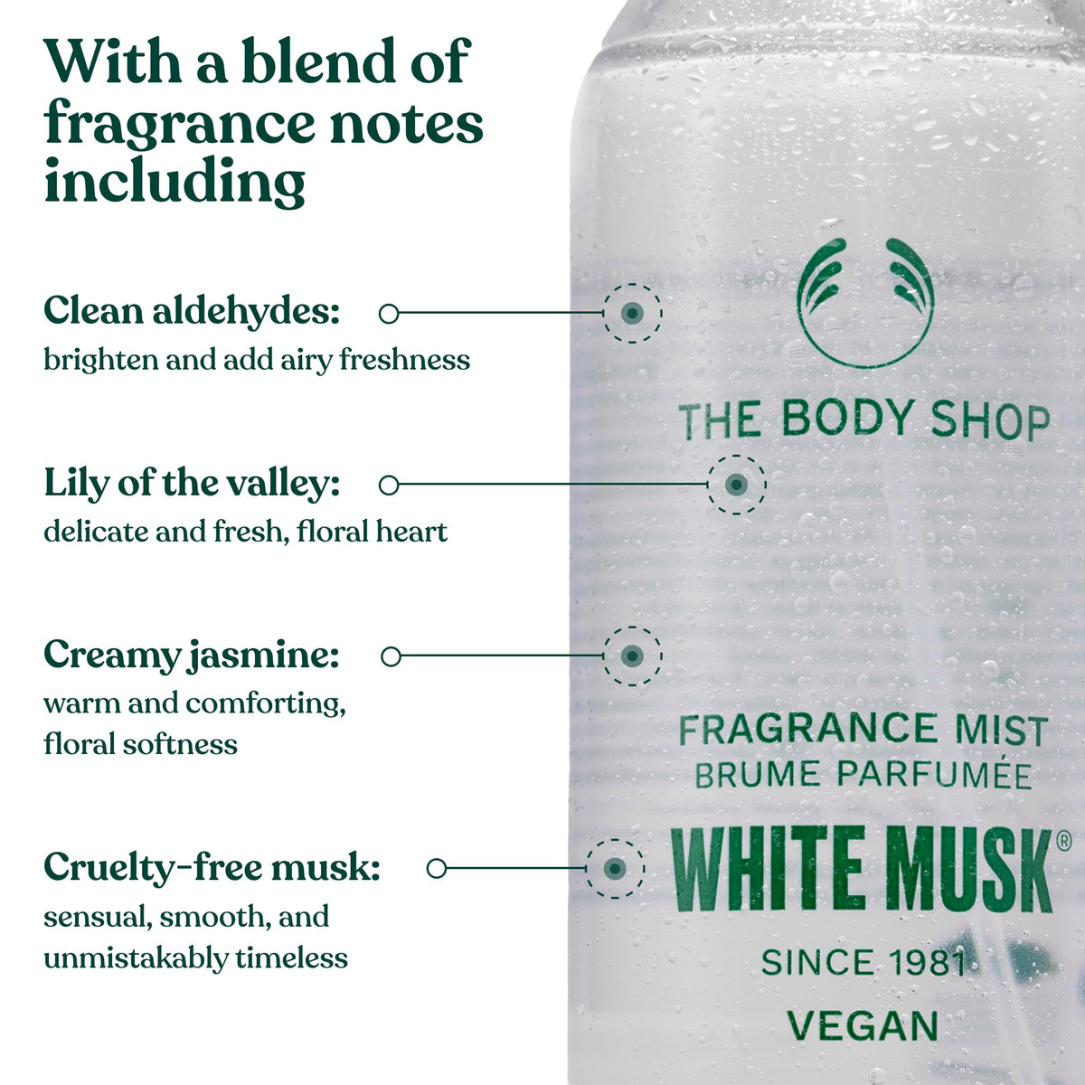 The Body Shop label close-up highlighting recycled glass note and eco benefit