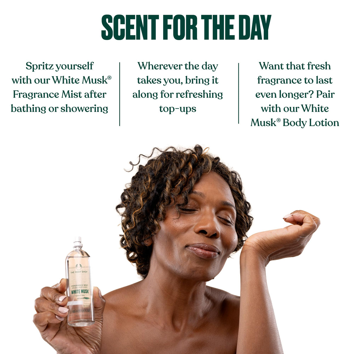 The Body Shop bottle held in hand showing 100 ml scale for travel-friendly use