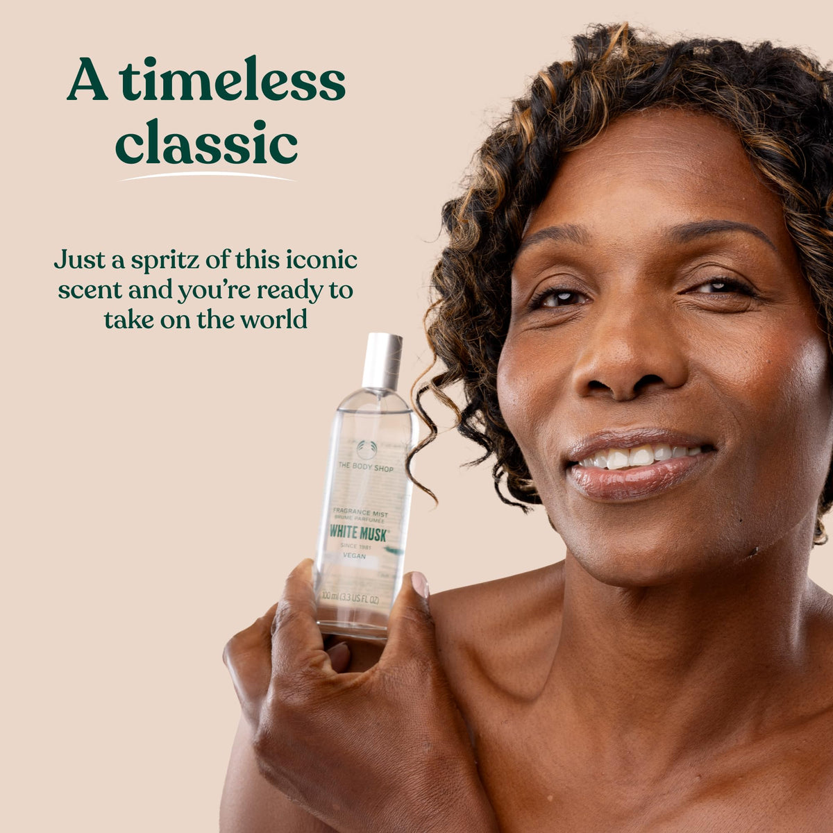 The Body Shop misted skin close-up showing lightweight hydration and dewy finish