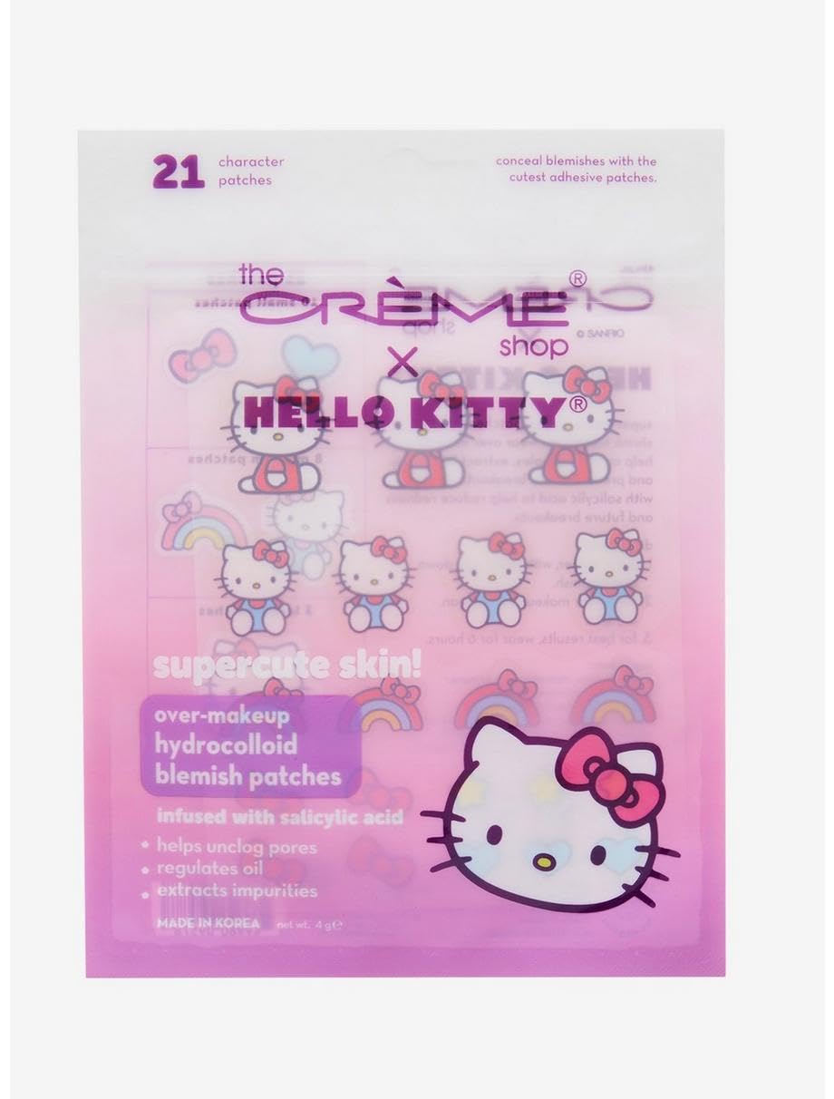 The Crème Shop Hello Kitty front packaging showing cute patch sheet and benefit of discreet spot coverage