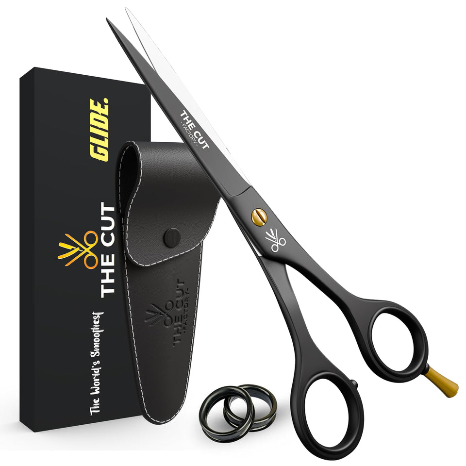 THE CUT - FACTORY - front packaging showing matte black scissors and gift box benefit quality