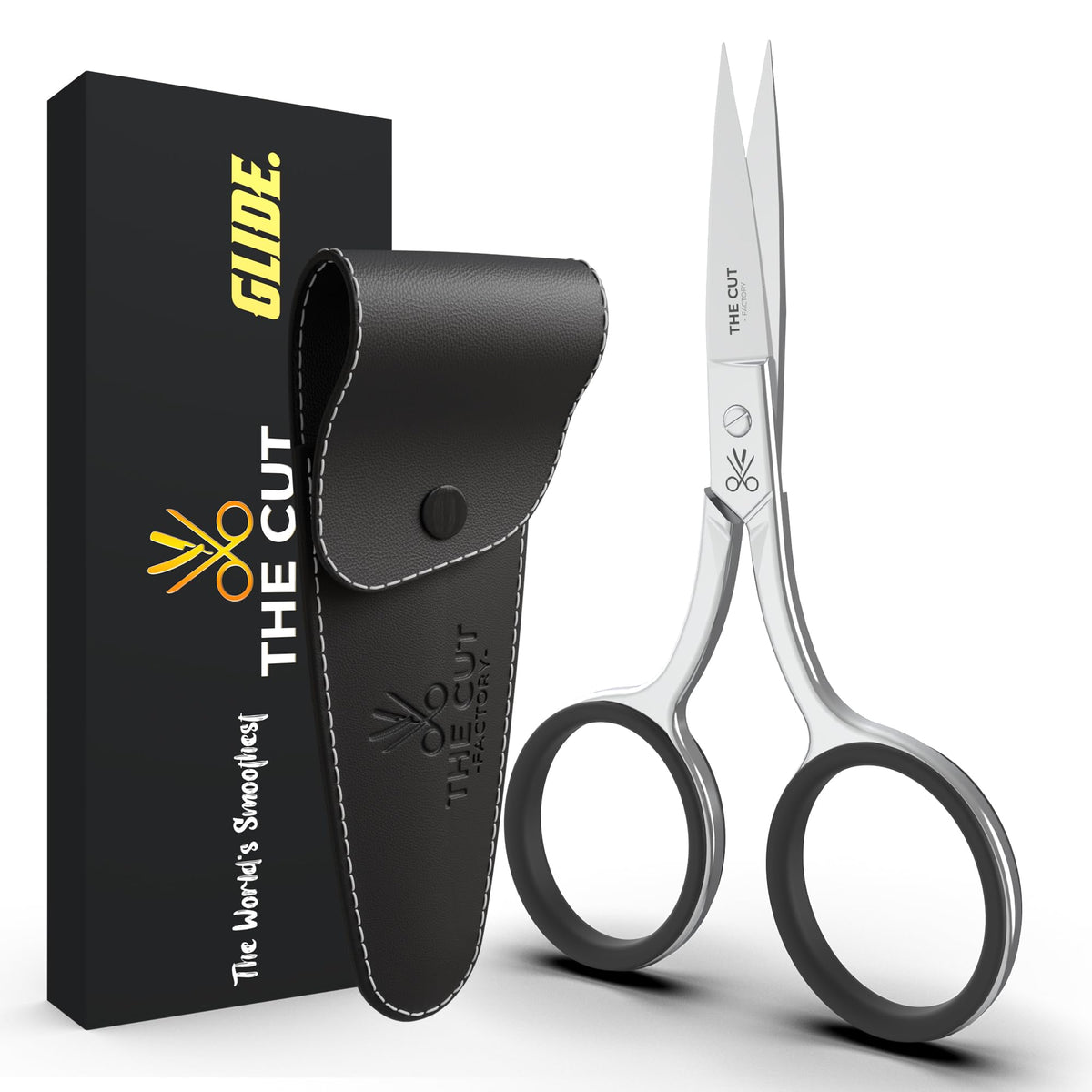 THE CUT - FACTORY - front packaging showing premium scissor and pouch benefit durable storage