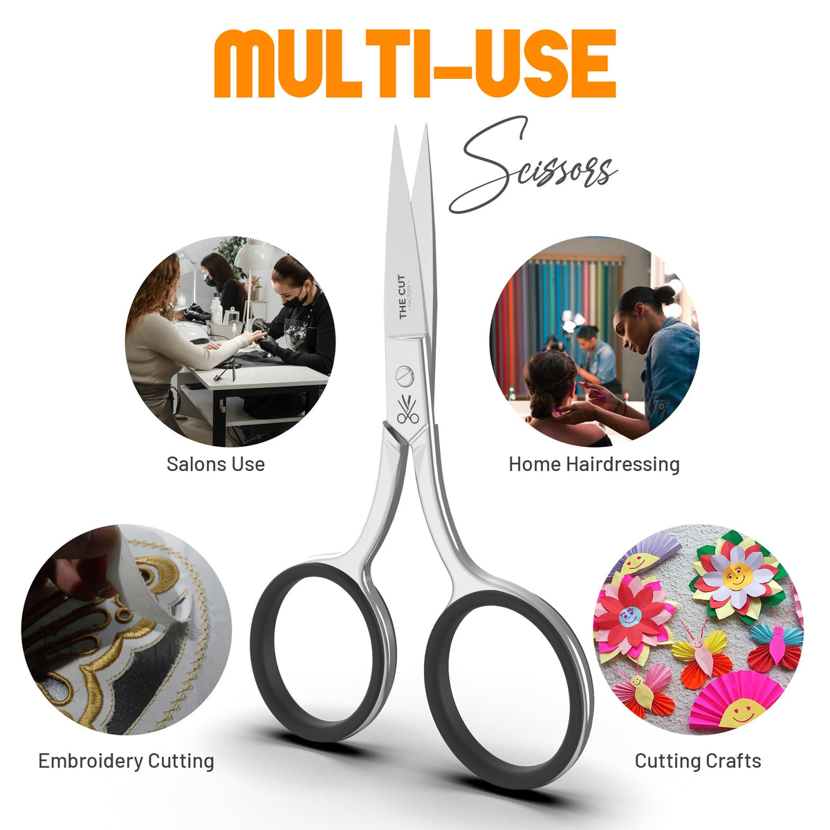 THE CUT - FACTORY - scissor beside coin for scale showing compact, travel-friendly size